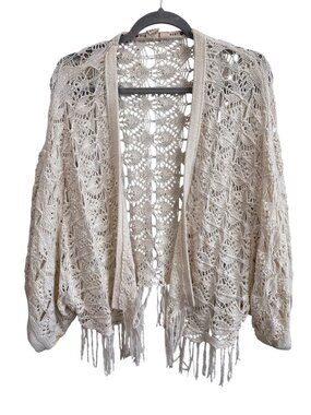 Roxy Beige Crochet Boho Fringe Cardigan With Batwing Sleeves Lightweight M